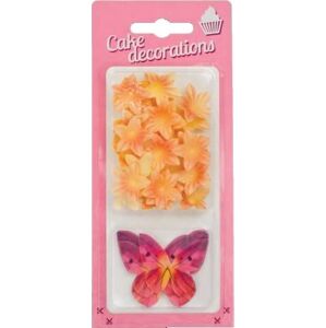 Dekorace z jedlého papíru Motýlci červení a květiny mini žluté (30 ks) - dortis