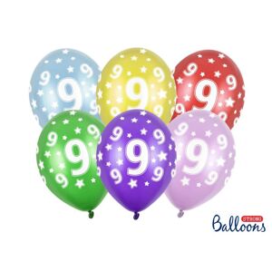 PartyDeco balónky barevné metalické 9. narozeniny (6 ks, náhodné barvy)